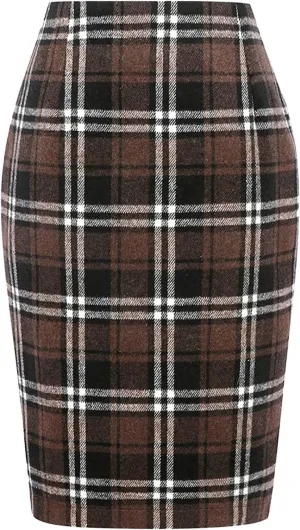 Pencil Plaid Skirts for Women Girls Fall Winter Wool Bodycon Midi Skirt Knee Length High Wasited Tartan Skirts Casual Dressy