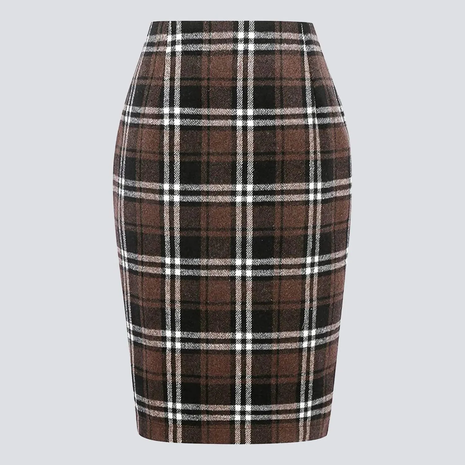 Pencil Plaid Skirts for Women Girls Fall Winter Wool Bodycon Midi Skirt Knee Length High Wasited Tartan Skirts Casual Dressy