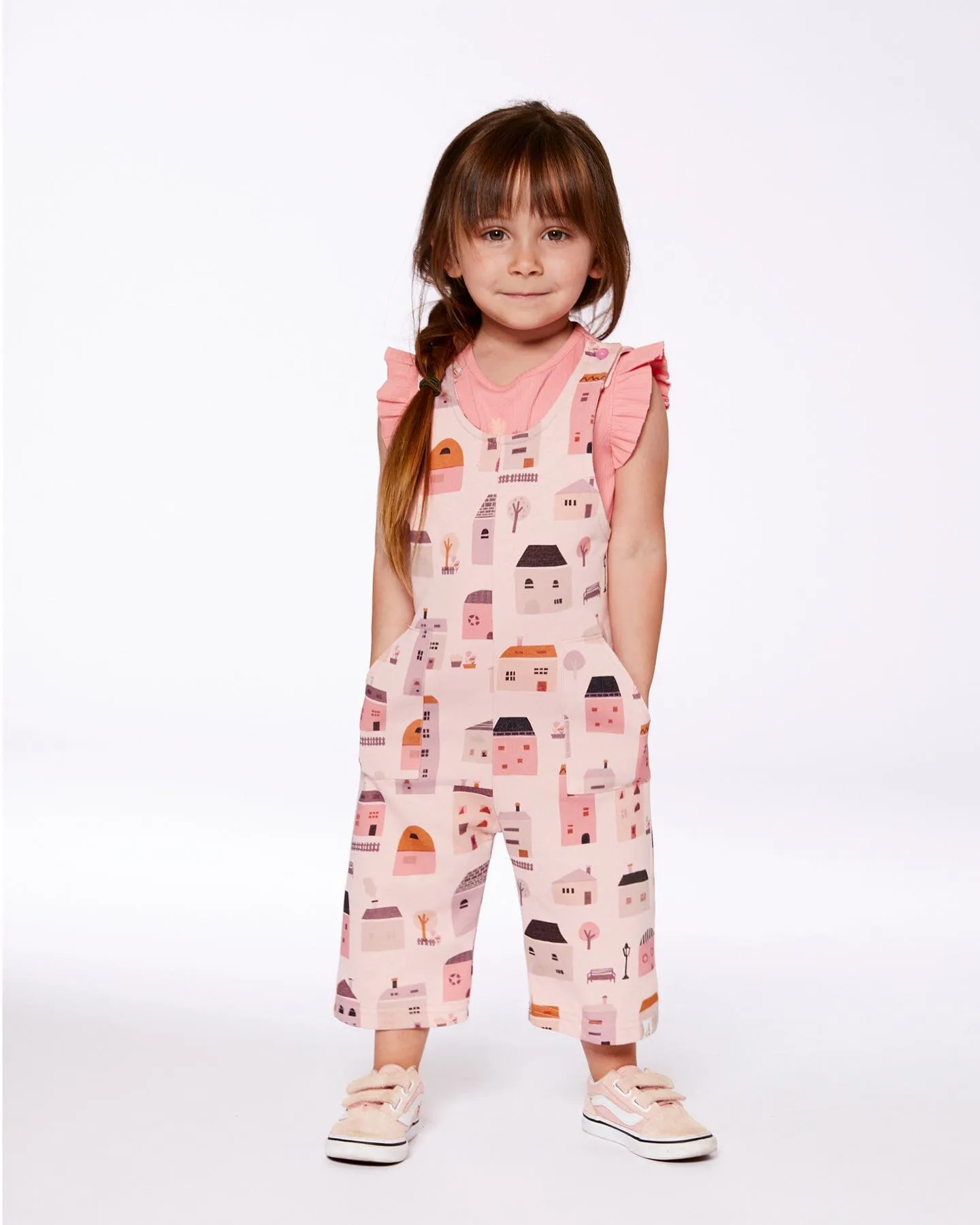 Printed French Terry Overalls Pink And Coral Houses