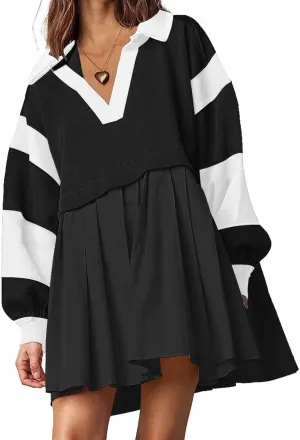 SAUKOLE Womens Oversized Casual Sweatshirt Patchwork Dress Fall Long Sleeve Trendy Lapel Neck Pleated Mini Dress