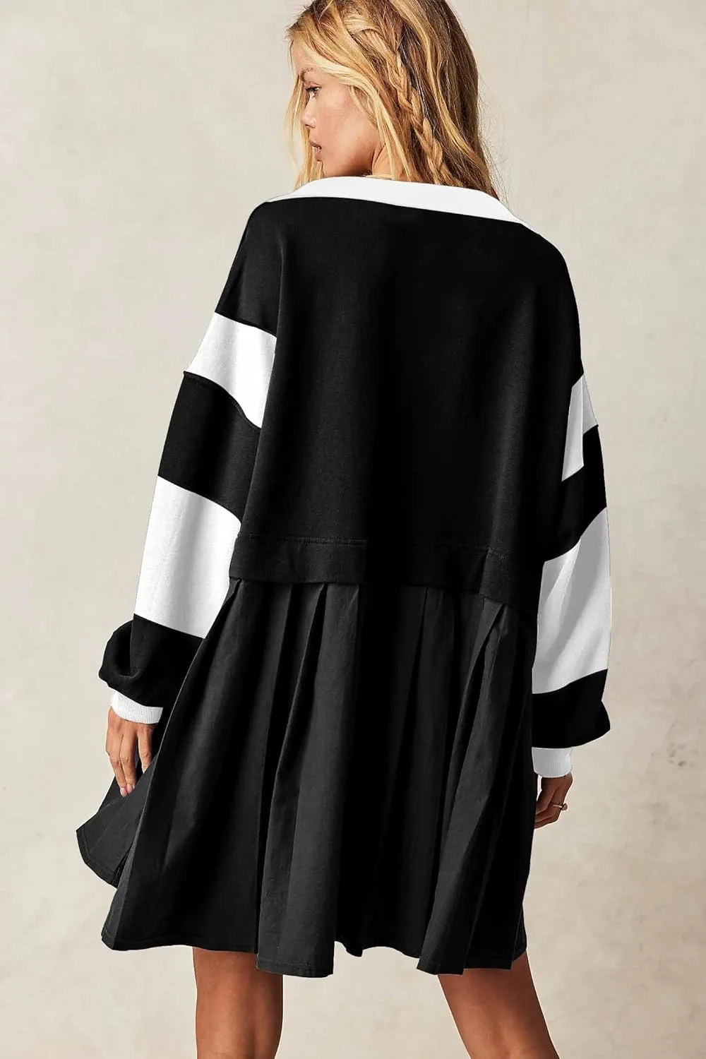 SAUKOLE Womens Oversized Casual Sweatshirt Patchwork Dress Fall Long Sleeve Trendy Lapel Neck Pleated Mini Dress