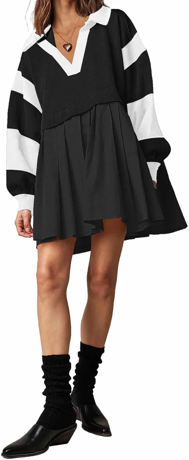SAUKOLE Womens Oversized Casual Sweatshirt Patchwork Dress Fall Long Sleeve Trendy Lapel Neck Pleated Mini Dress