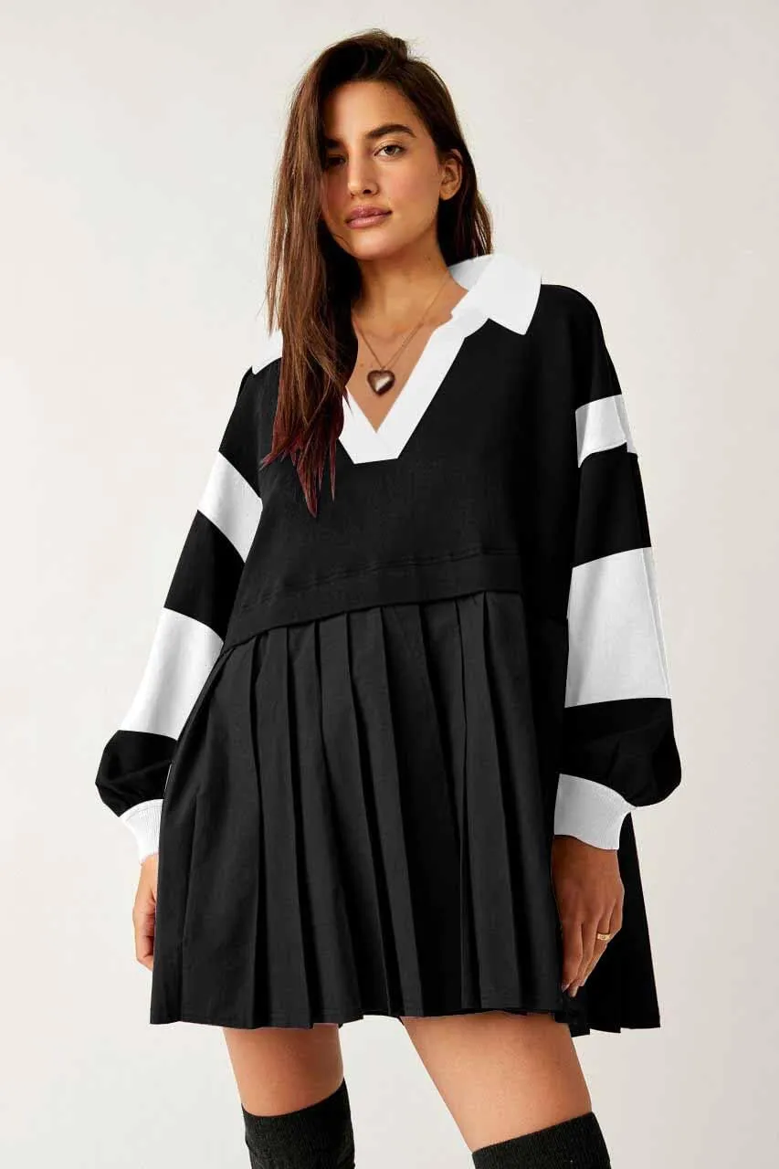 SAUKOLE Womens Oversized Casual Sweatshirt Patchwork Dress Fall Long Sleeve Trendy Lapel Neck Pleated Mini Dress
