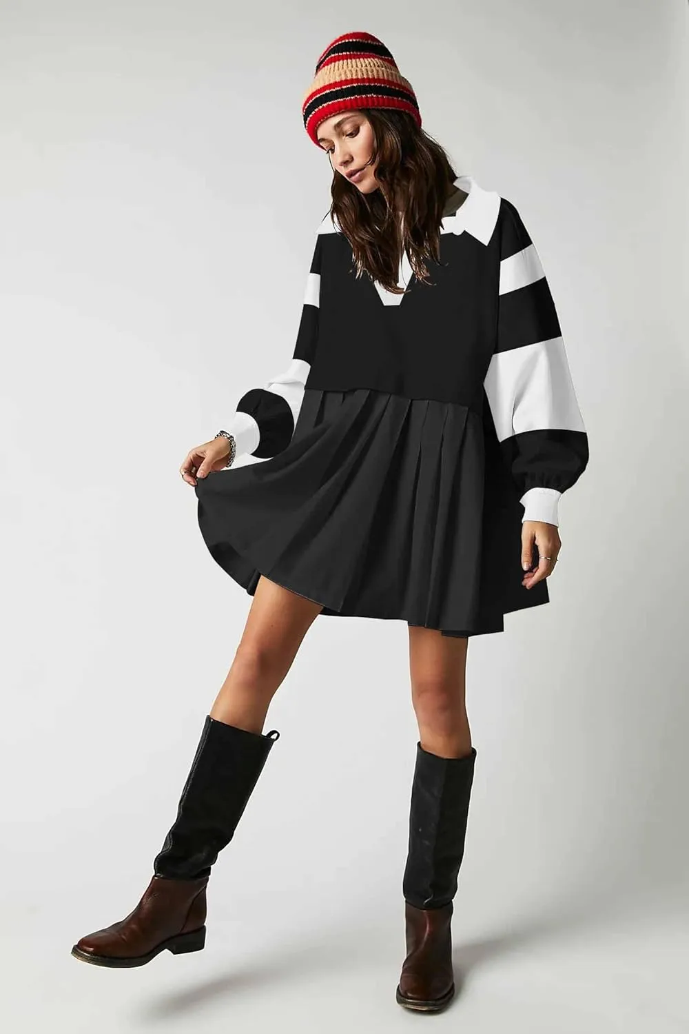 SAUKOLE Womens Oversized Casual Sweatshirt Patchwork Dress Fall Long Sleeve Trendy Lapel Neck Pleated Mini Dress