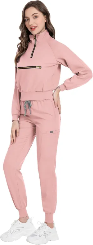 Scrub for Women Set-Long Sleeve Scrub Top with Zipper & Jogger Pants Medical Uniform Suit