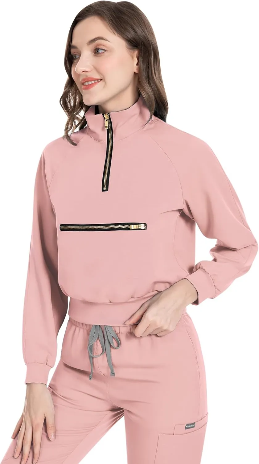 Scrub for Women Set-Long Sleeve Scrub Top with Zipper & Jogger Pants Medical Uniform Suit