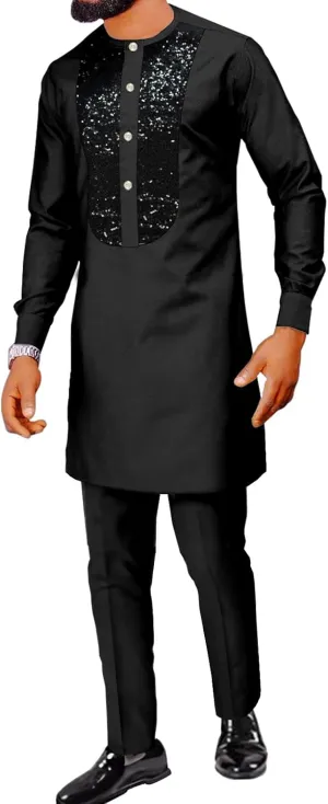 SEA&ALP African Men's Fashion Sequin Clothing Classical Long Sleeve Shirt and Pant Two Pieces Suit Dashiki Formal Outfits