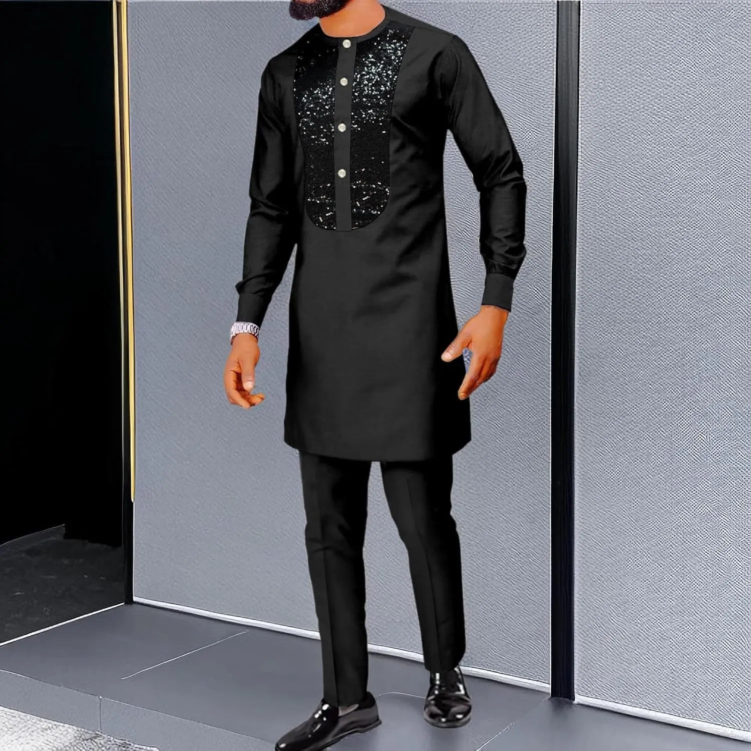 SEA&ALP African Men's Fashion Sequin Clothing Classical Long Sleeve Shirt and Pant Two Pieces Suit Dashiki Formal Outfits