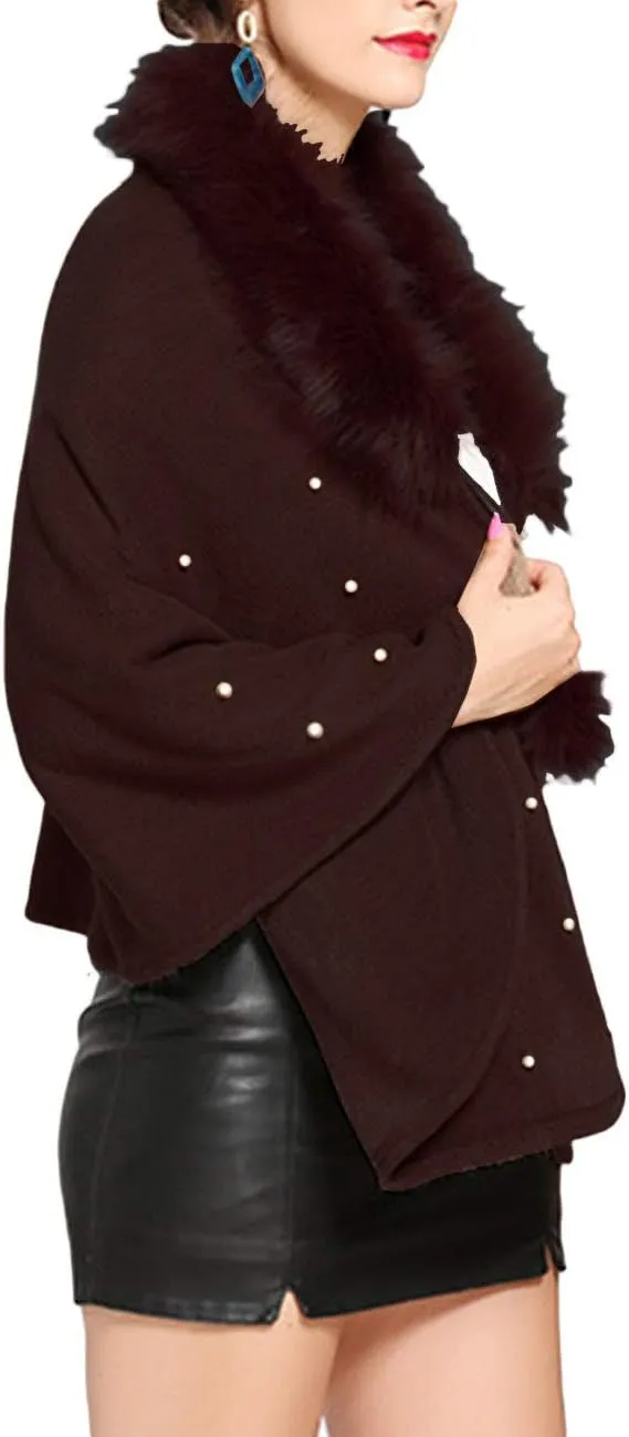 SEMATOMALA Women's Winter/Autumn Bridal Faux Cashmere Fur Collar Cardigan Shawl Wraps Cloak Coat Poncho Cape Jacket Outwear