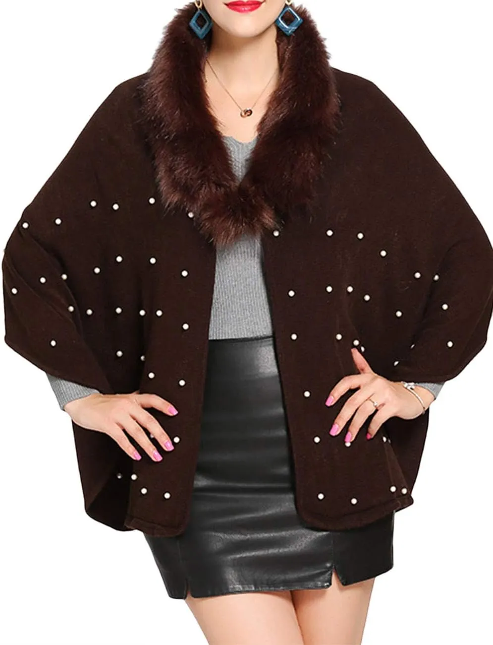 SEMATOMALA Women's Winter/Autumn Bridal Faux Cashmere Fur Collar Cardigan Shawl Wraps Cloak Coat Poncho Cape Jacket Outwear