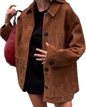 Sexyshine Women's Faux Suede Leather Jacket Lapel Long Sleeve Button Down Midi Length Shacket Coat
