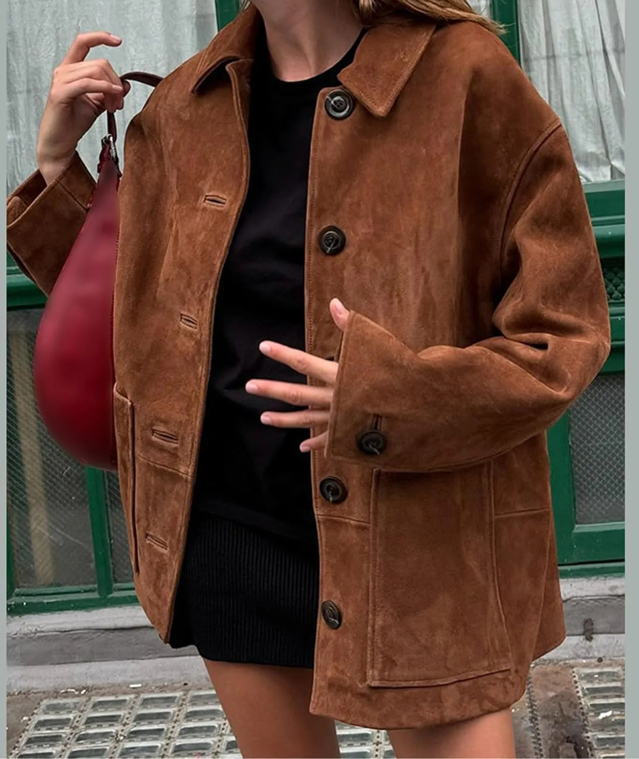 Sexyshine Women's Faux Suede Leather Jacket Lapel Long Sleeve Button Down Midi Length Shacket Coat