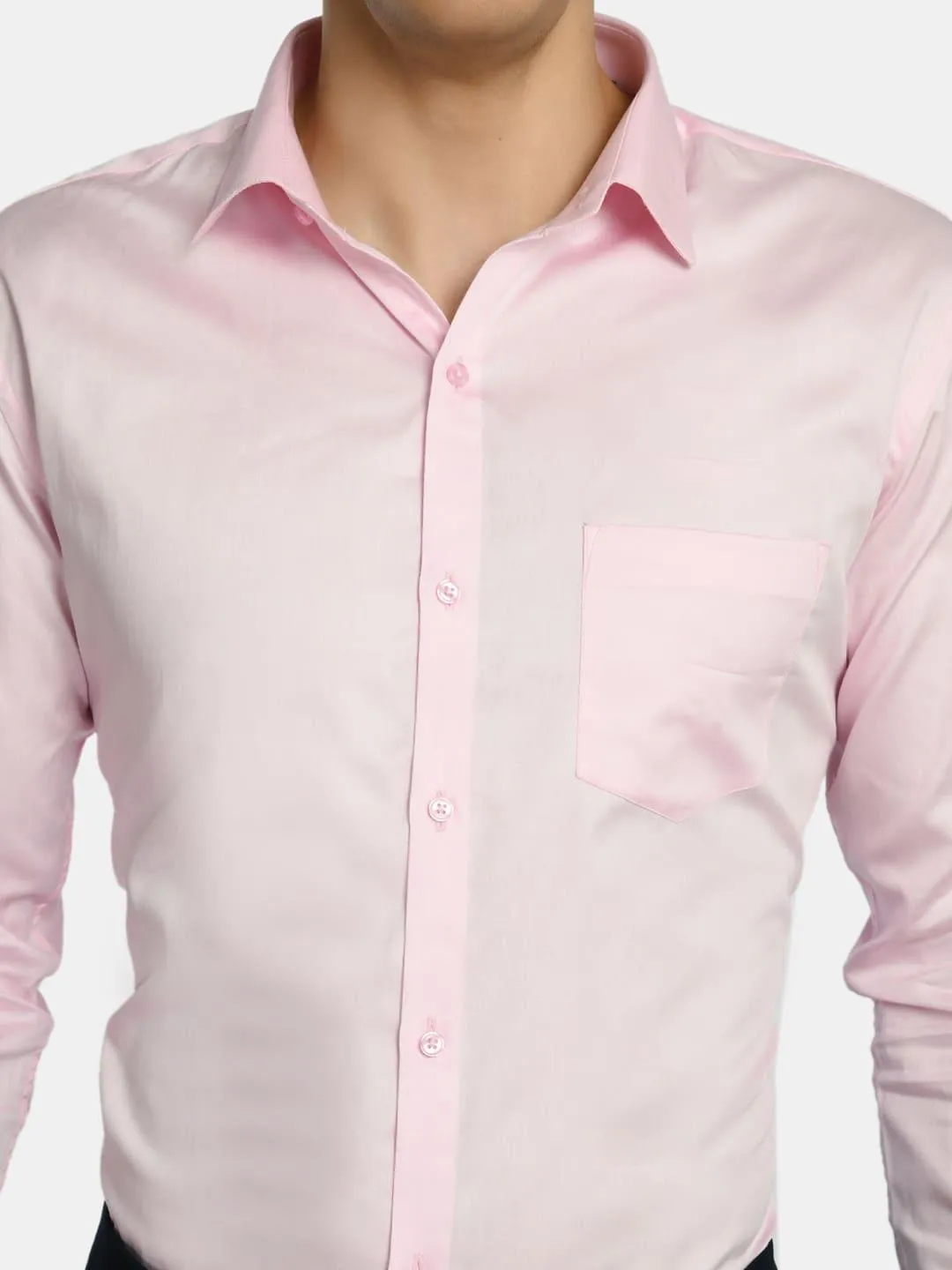 Solid Pink Spread Collar Formal Shirt with Curved Hemline