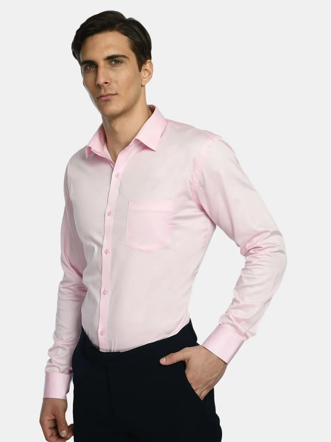 Solid Pink Spread Collar Formal Shirt with Curved Hemline