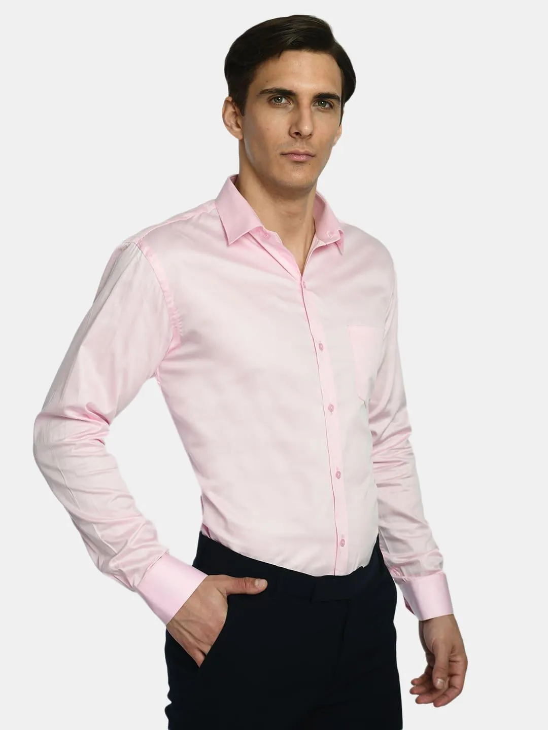 Solid Pink Spread Collar Formal Shirt with Curved Hemline
