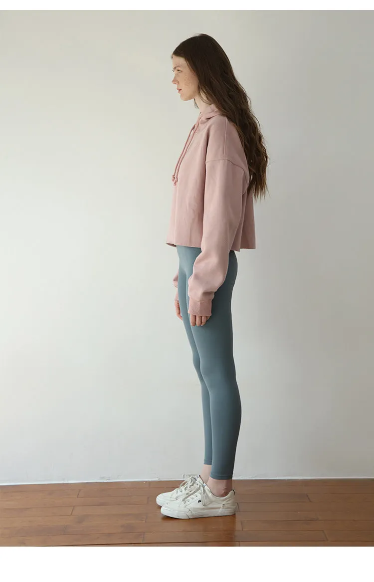 Sports Loose Cropped Hoodie Women Autumn Winter Fleece-lined Solid Color Minimalist Long Sleeve Top