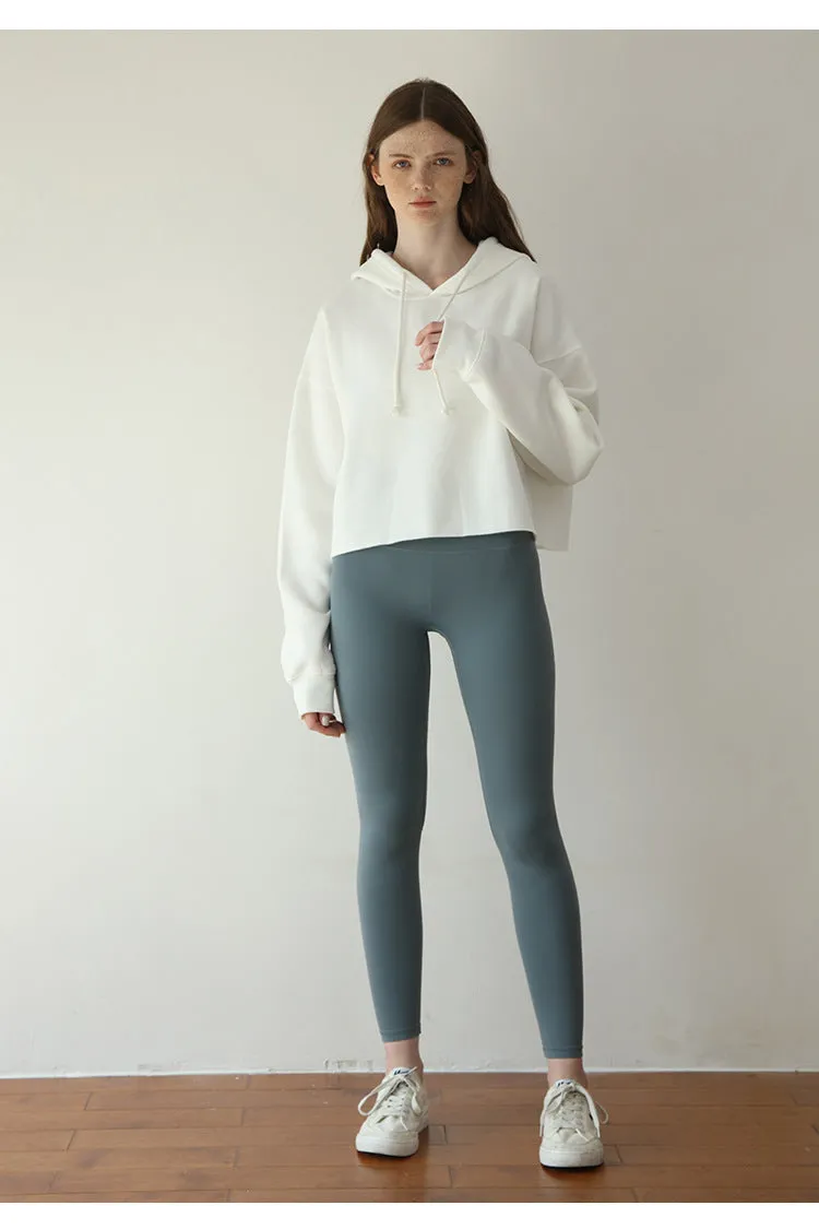 Sports Loose Cropped Hoodie Women Autumn Winter Fleece-lined Solid Color Minimalist Long Sleeve Top
