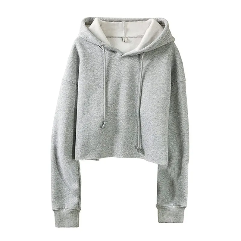 Sports Loose Cropped Hoodie Women Autumn Winter Fleece-lined Solid Color Minimalist Long Sleeve Top
