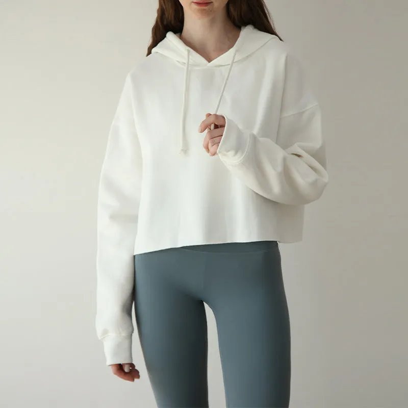 Sports Loose Cropped Hoodie Women Autumn Winter Fleece-lined Solid Color Minimalist Long Sleeve Top
