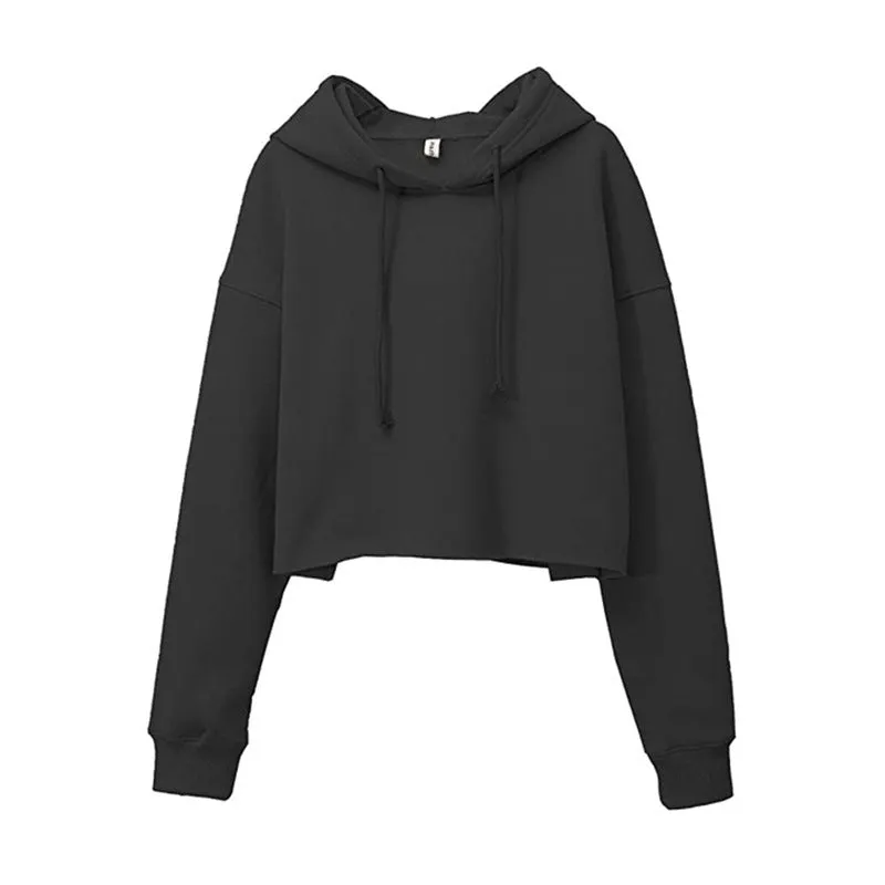 Sports Loose Cropped Hoodie Women Autumn Winter Fleece-lined Solid Color Minimalist Long Sleeve Top