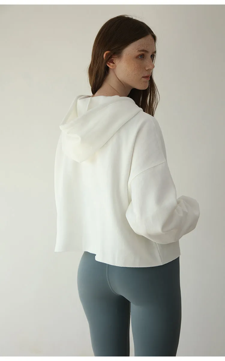 Sports Loose Cropped Hoodie Women Autumn Winter Fleece-lined Solid Color Minimalist Long Sleeve Top