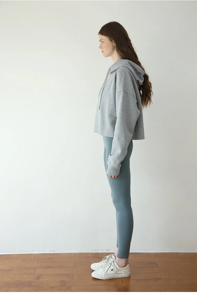 Sports Loose Cropped Hoodie Women Autumn Winter Fleece-lined Solid Color Minimalist Long Sleeve Top