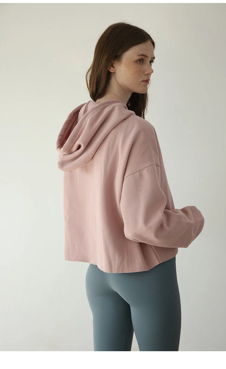 Sports Loose Cropped Hoodie Women Autumn Winter Fleece-lined Solid Color Minimalist Long Sleeve Top