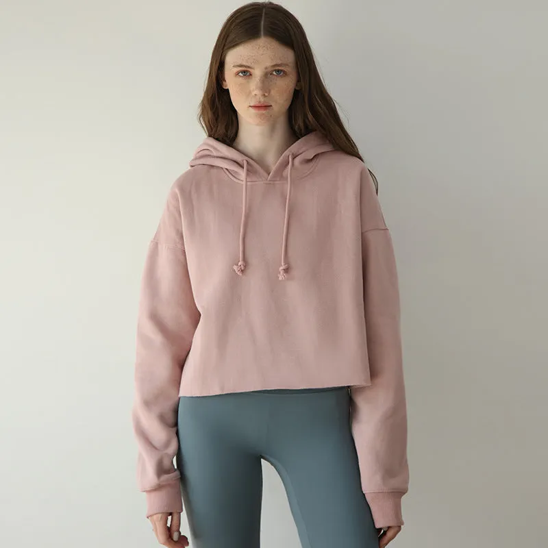 Sports Loose Cropped Hoodie Women Autumn Winter Fleece-lined Solid Color Minimalist Long Sleeve Top