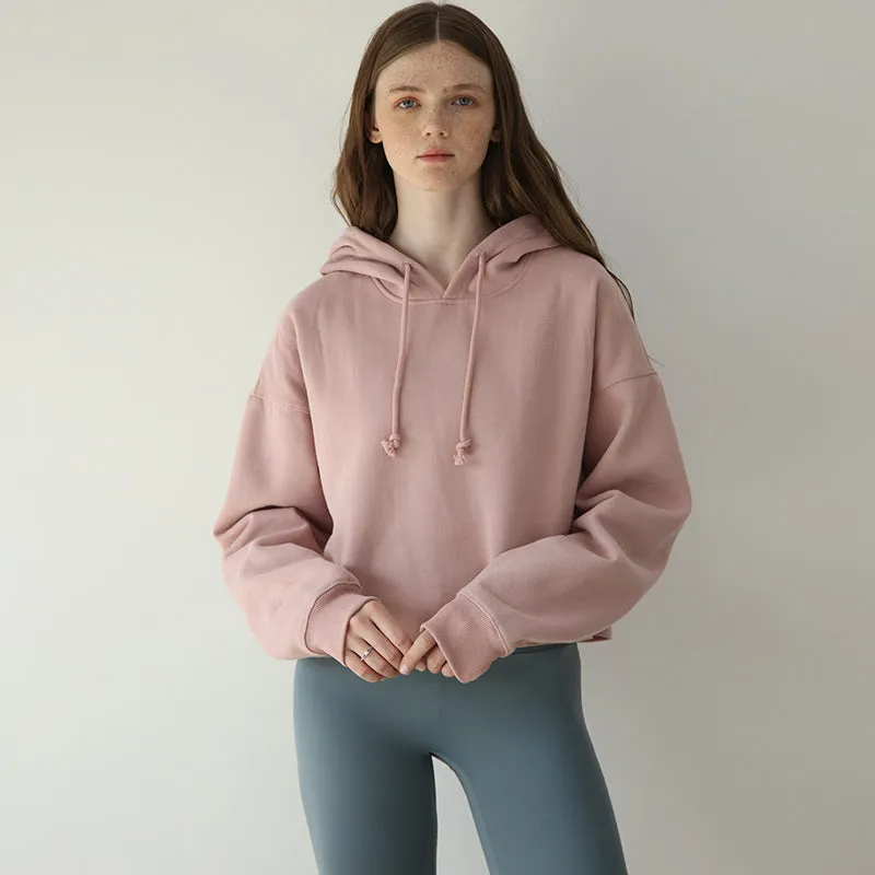 Sports Loose Cropped Hoodie Women Autumn Winter Fleece-lined Solid Color Minimalist Long Sleeve Top