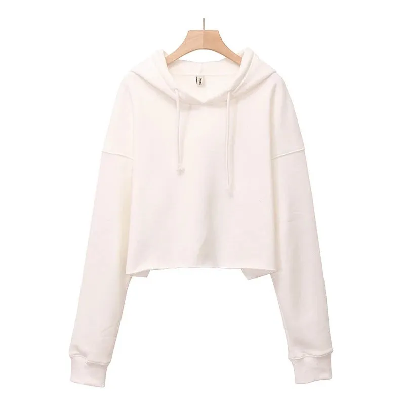 Sports Loose Cropped Hoodie Women Autumn Winter Fleece-lined Solid Color Minimalist Long Sleeve Top