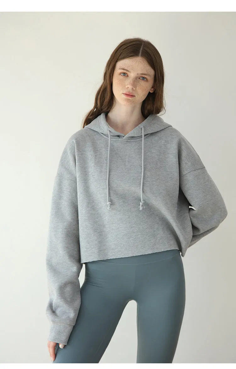 Sports Loose Cropped Hoodie Women Autumn Winter Fleece-lined Solid Color Minimalist Long Sleeve Top