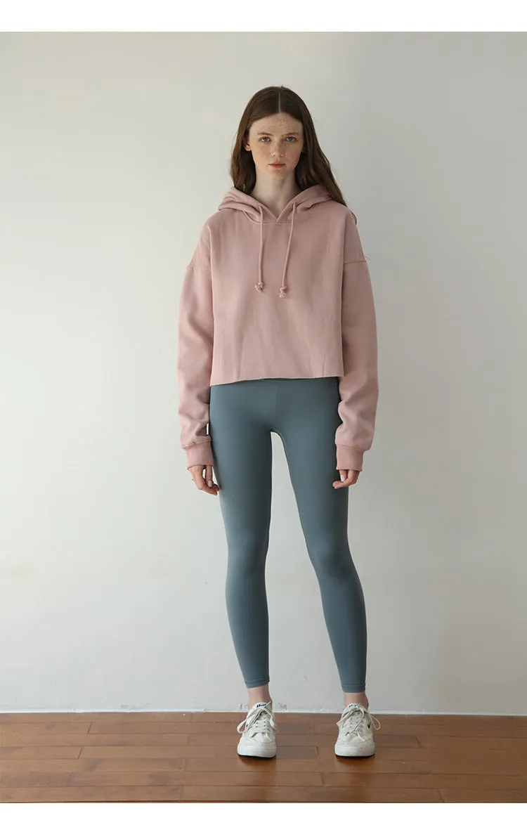 Sports Loose Cropped Hoodie Women Autumn Winter Fleece-lined Solid Color Minimalist Long Sleeve Top