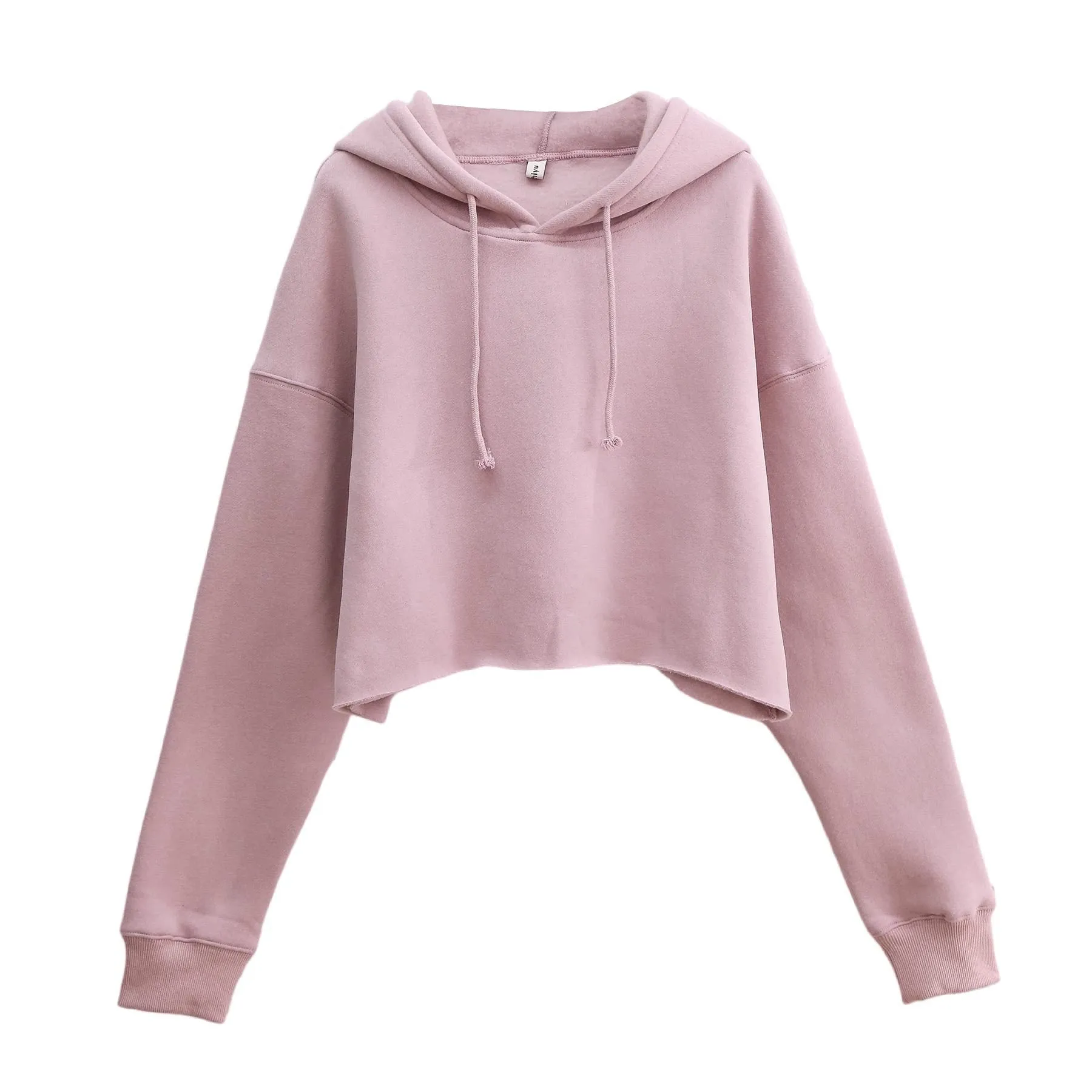 Sports Loose Cropped Hoodie Women Autumn Winter Fleece-lined Solid Color Minimalist Long Sleeve Top