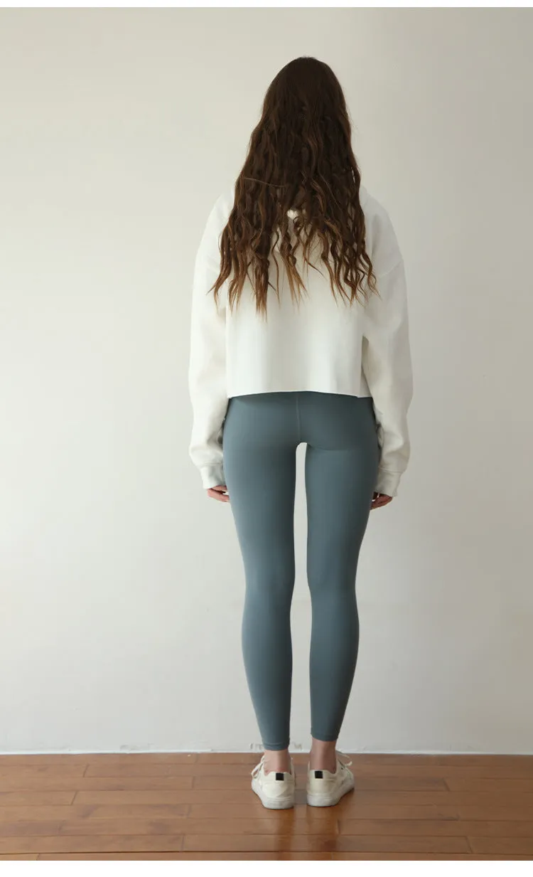 Sports Loose Cropped Hoodie Women Autumn Winter Fleece-lined Solid Color Minimalist Long Sleeve Top