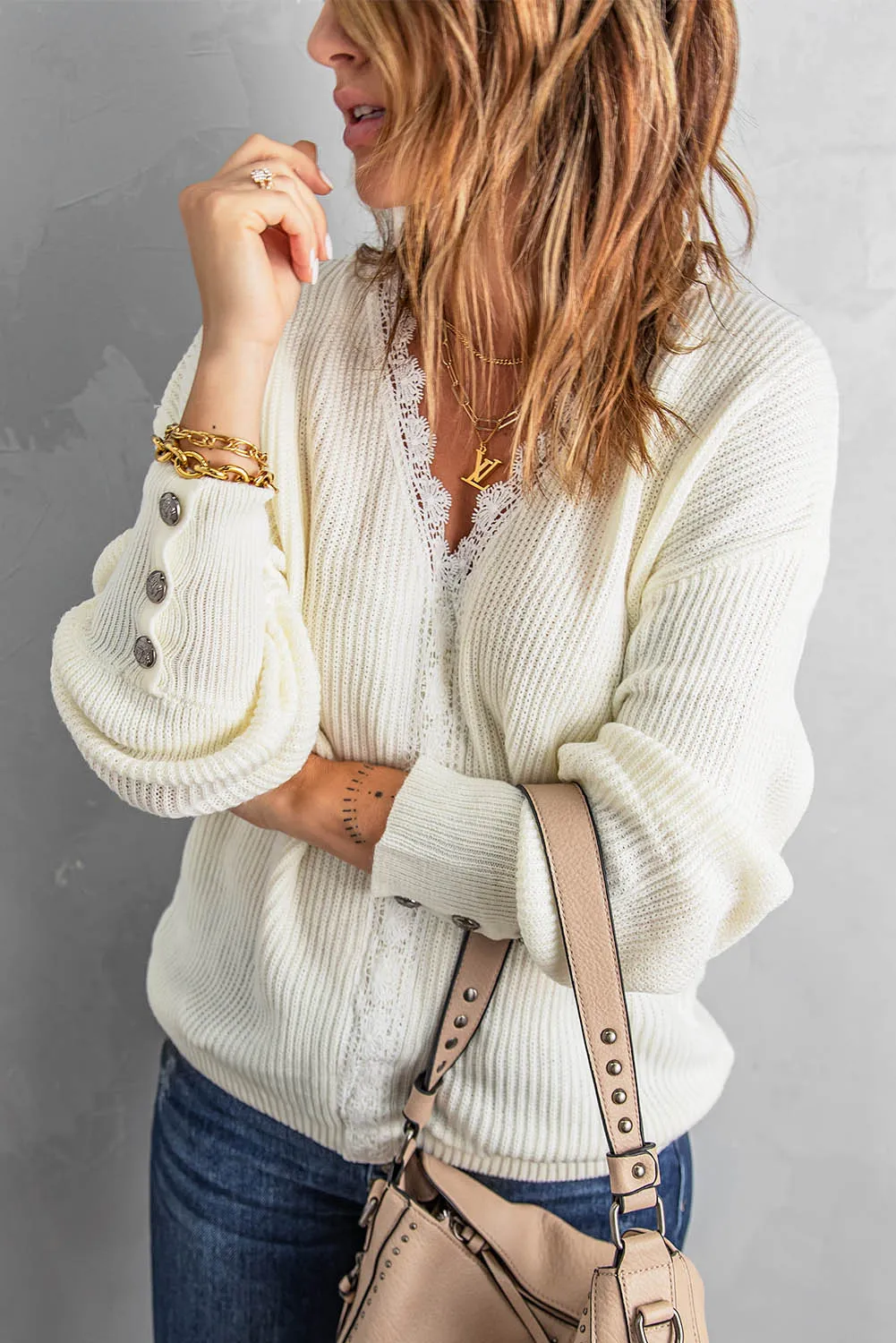 'Stacey' Lace Trim V-Neck Button Cuff Rib-Knit Sweater