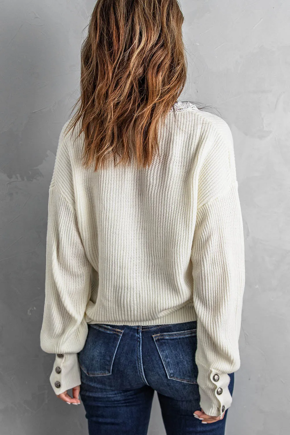 'Stacey' Lace Trim V-Neck Button Cuff Rib-Knit Sweater