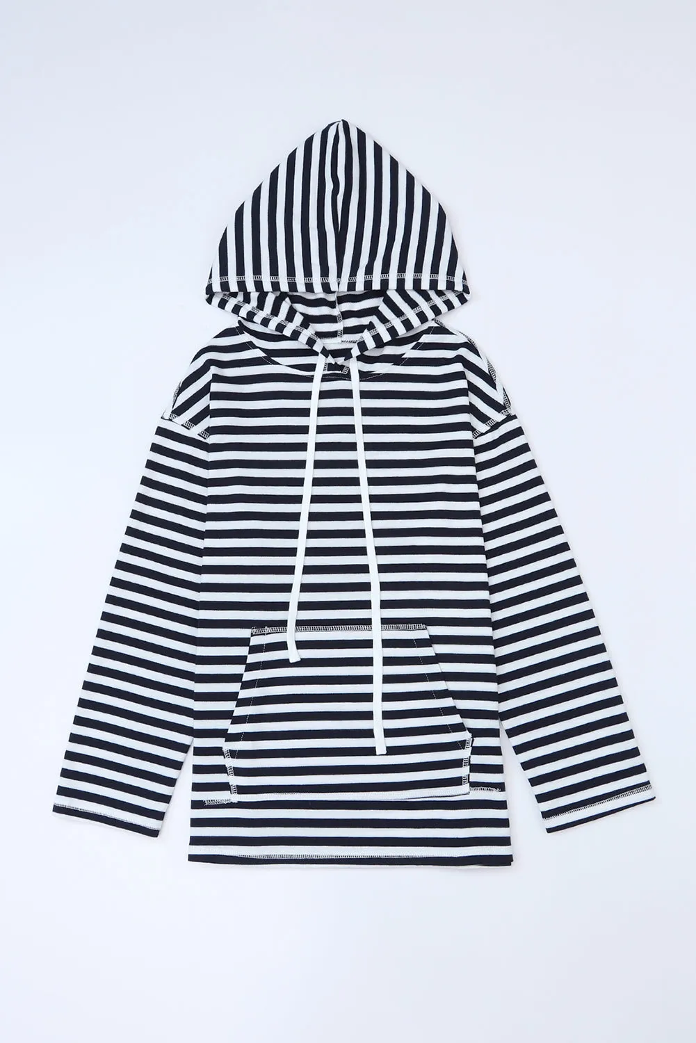 Striped Kangaroo Pocket Drawstring Hoodie