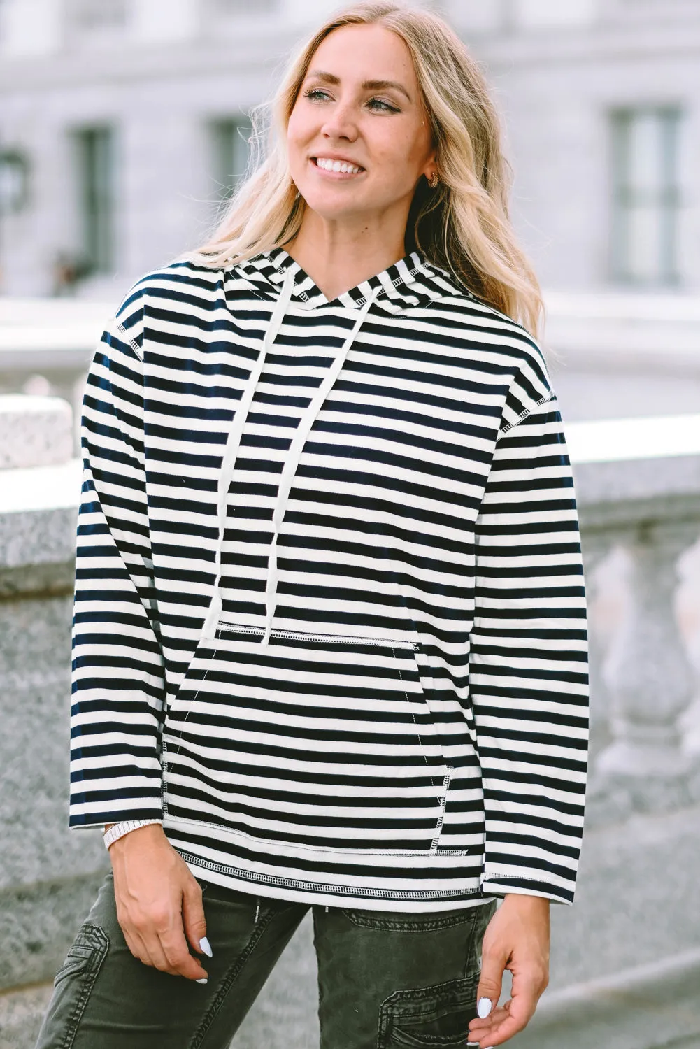 Striped Kangaroo Pocket Drawstring Hoodie