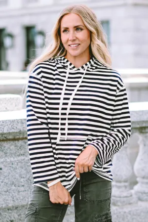 Striped Kangaroo Pocket Drawstring Hoodie
