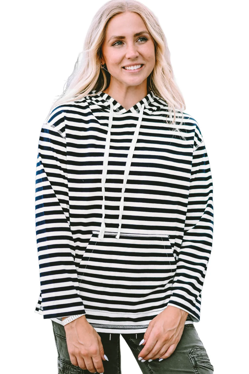Striped Kangaroo Pocket Drawstring Hoodie