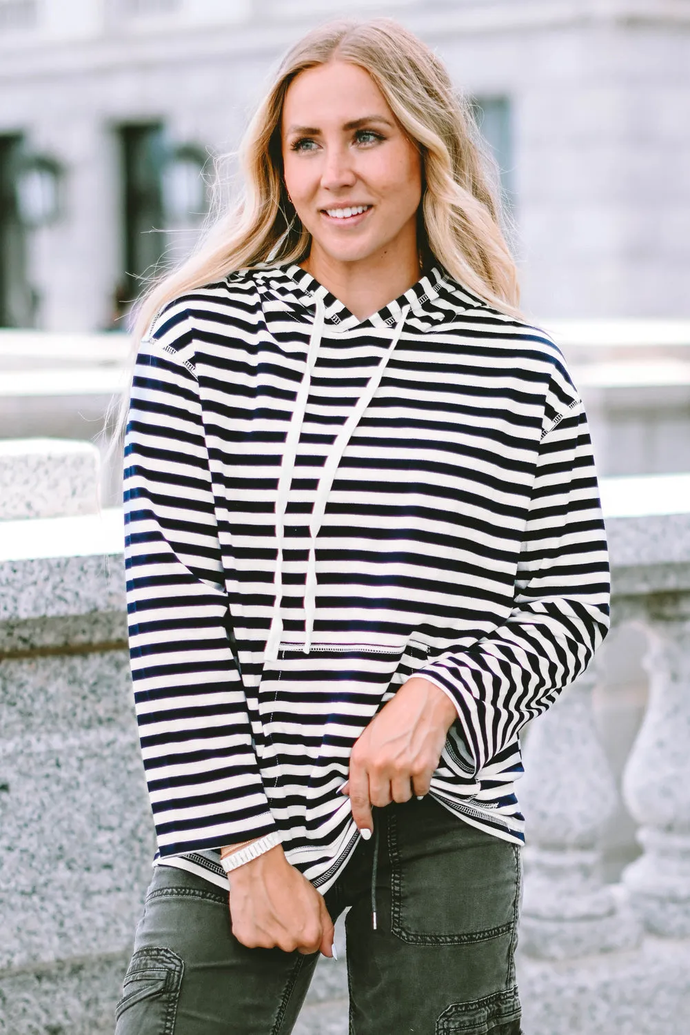 Striped Kangaroo Pocket Drawstring Hoodie