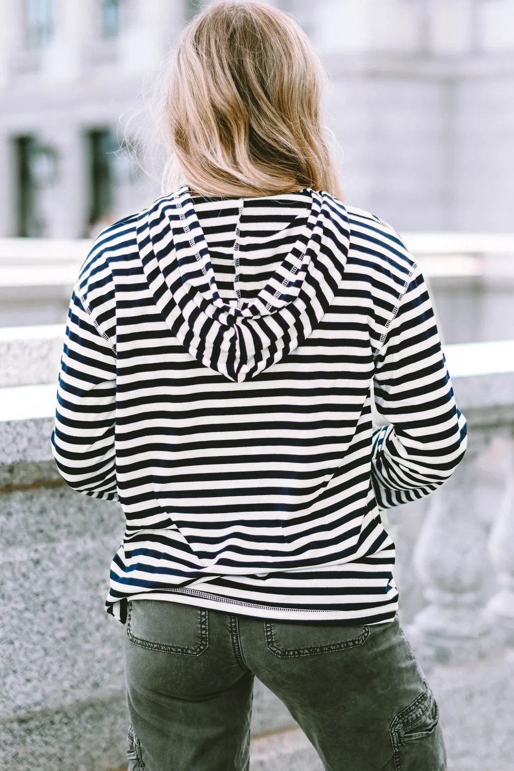 Striped Kangaroo Pocket Drawstring Hoodie