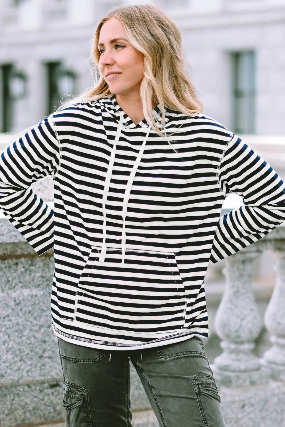 Striped Kangaroo Pocket Drawstring Hoodie