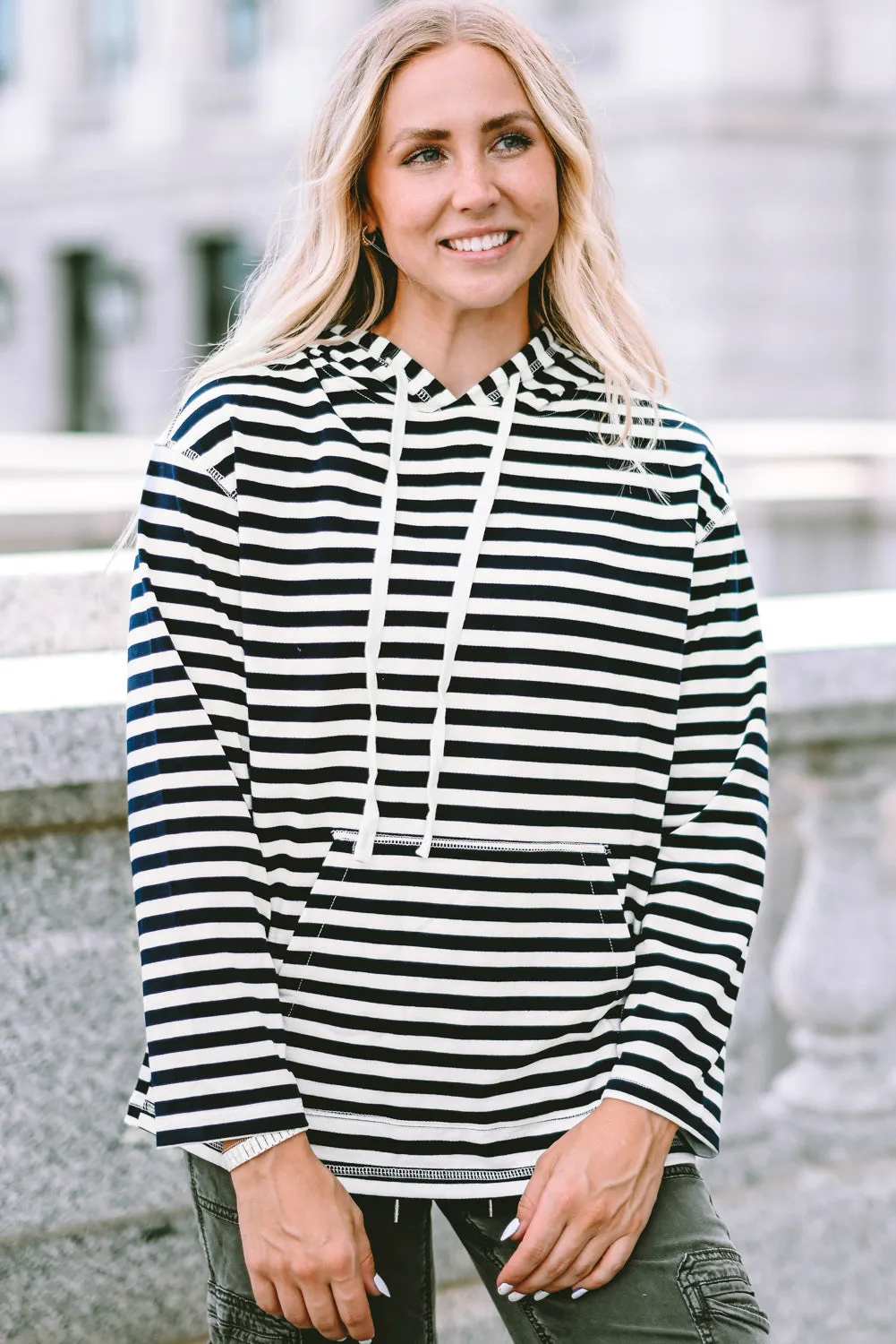 Striped Kangaroo Pocket Drawstring Hoodie