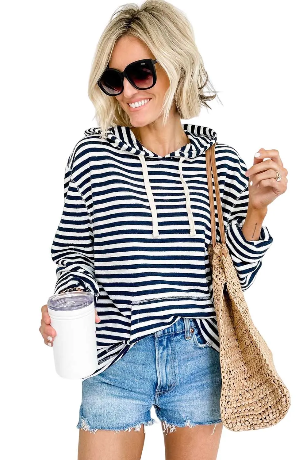 Striped Kangaroo Pocket Drawstring Hoodie