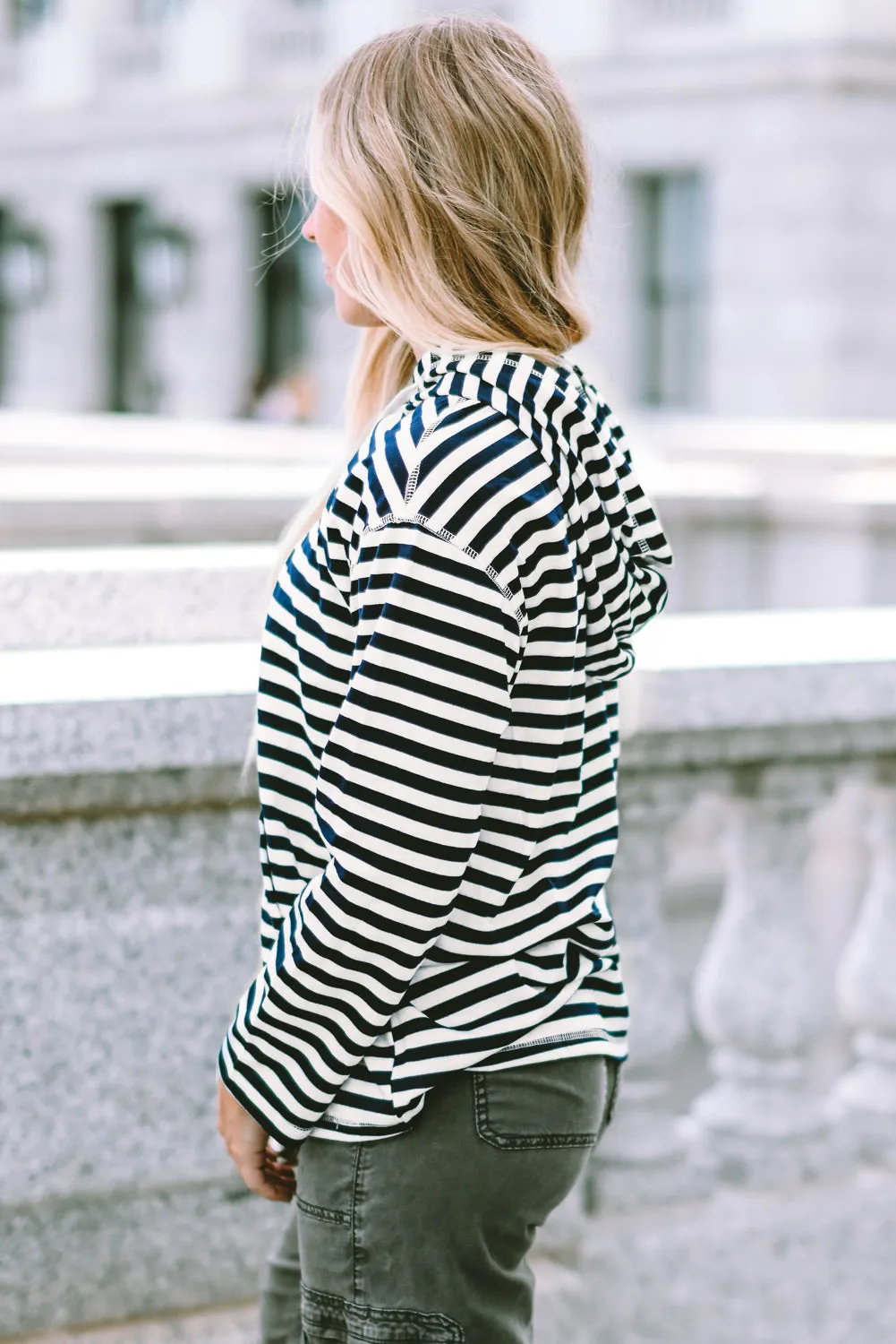Striped Kangaroo Pocket Drawstring Hoodie