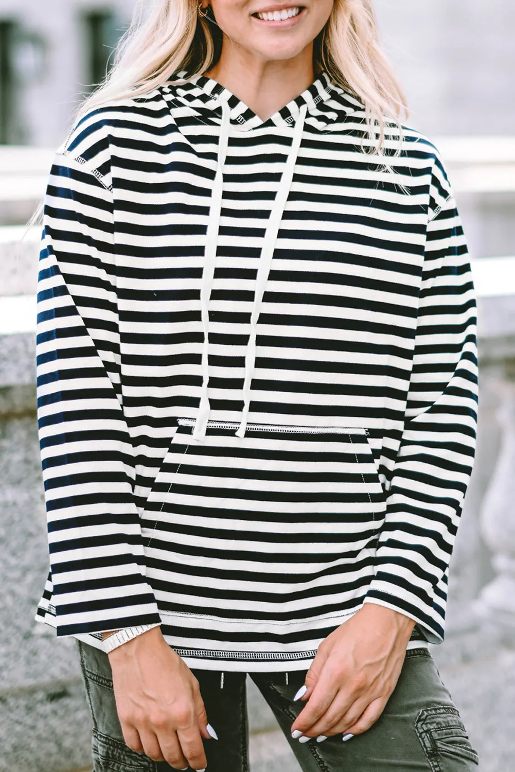 Striped Kangaroo Pocket Drawstring Hoodie