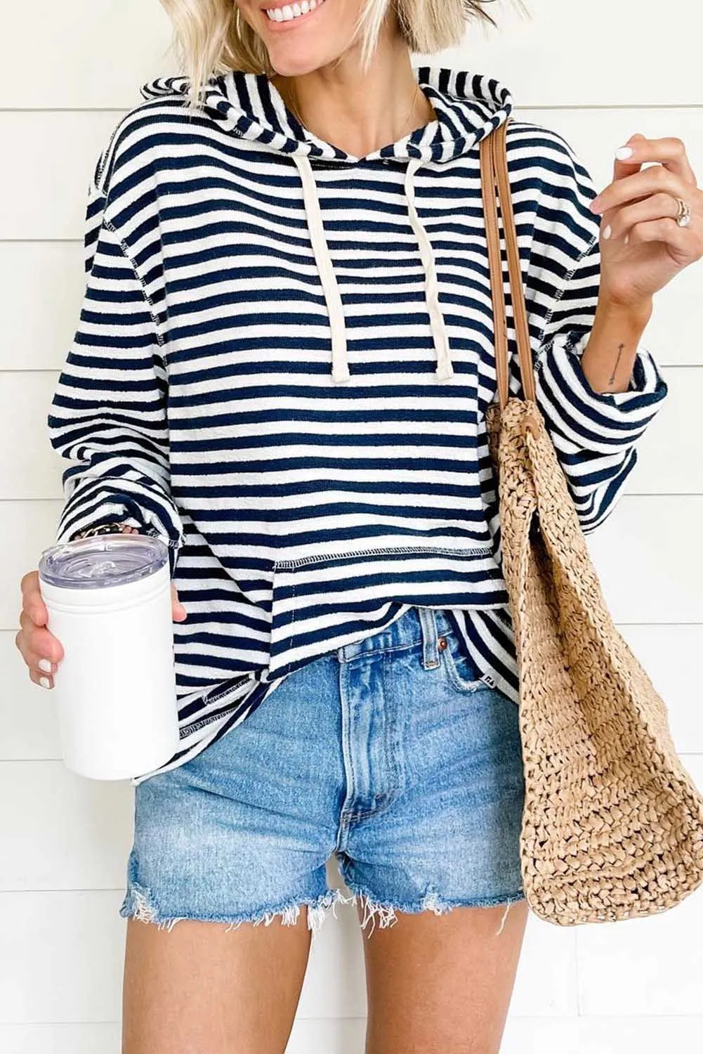 Striped Kangaroo Pocket Drawstring Hoodie