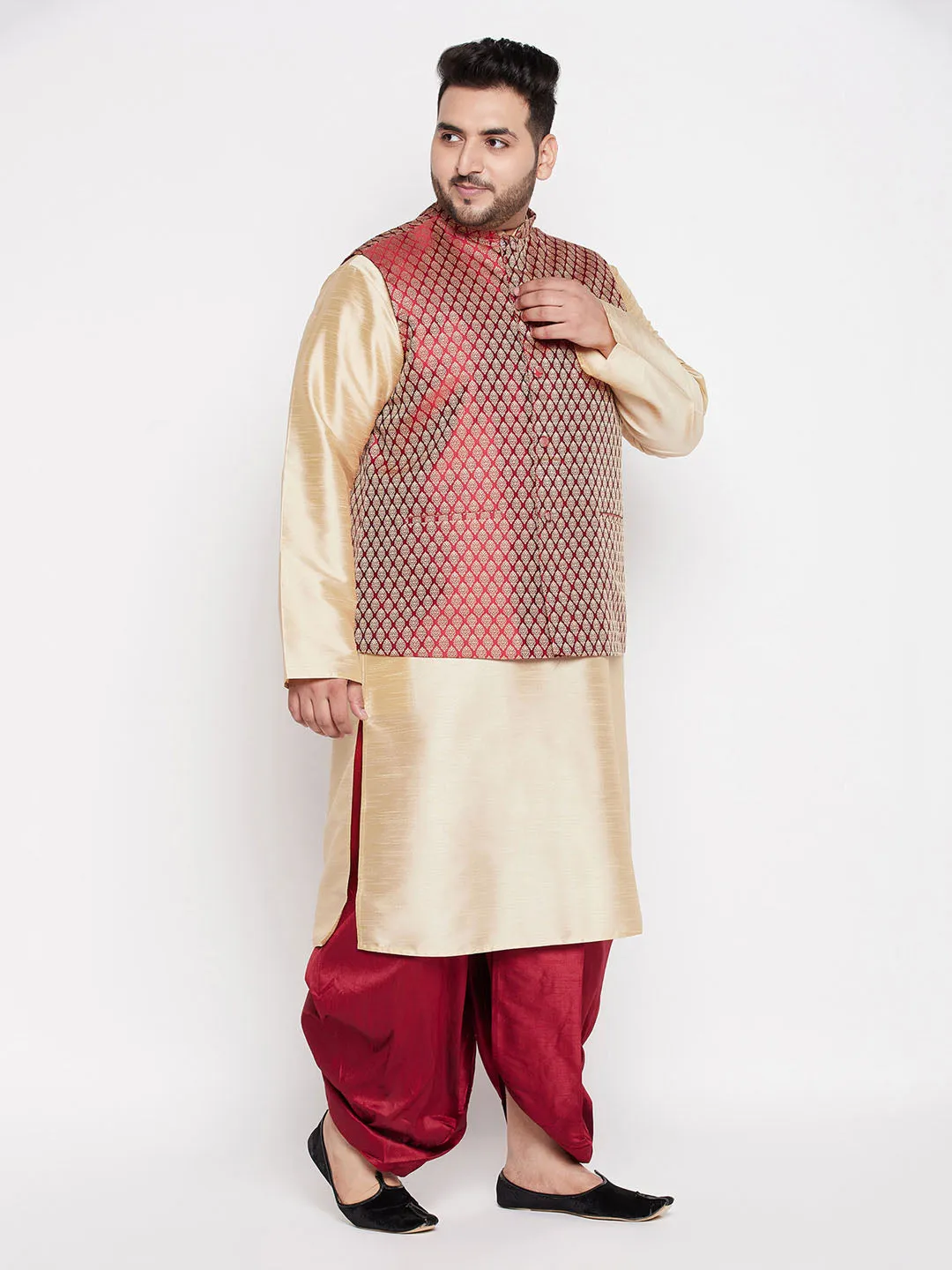 VASTRAMAY Maroon Nehru Jacket With Gold Kurta