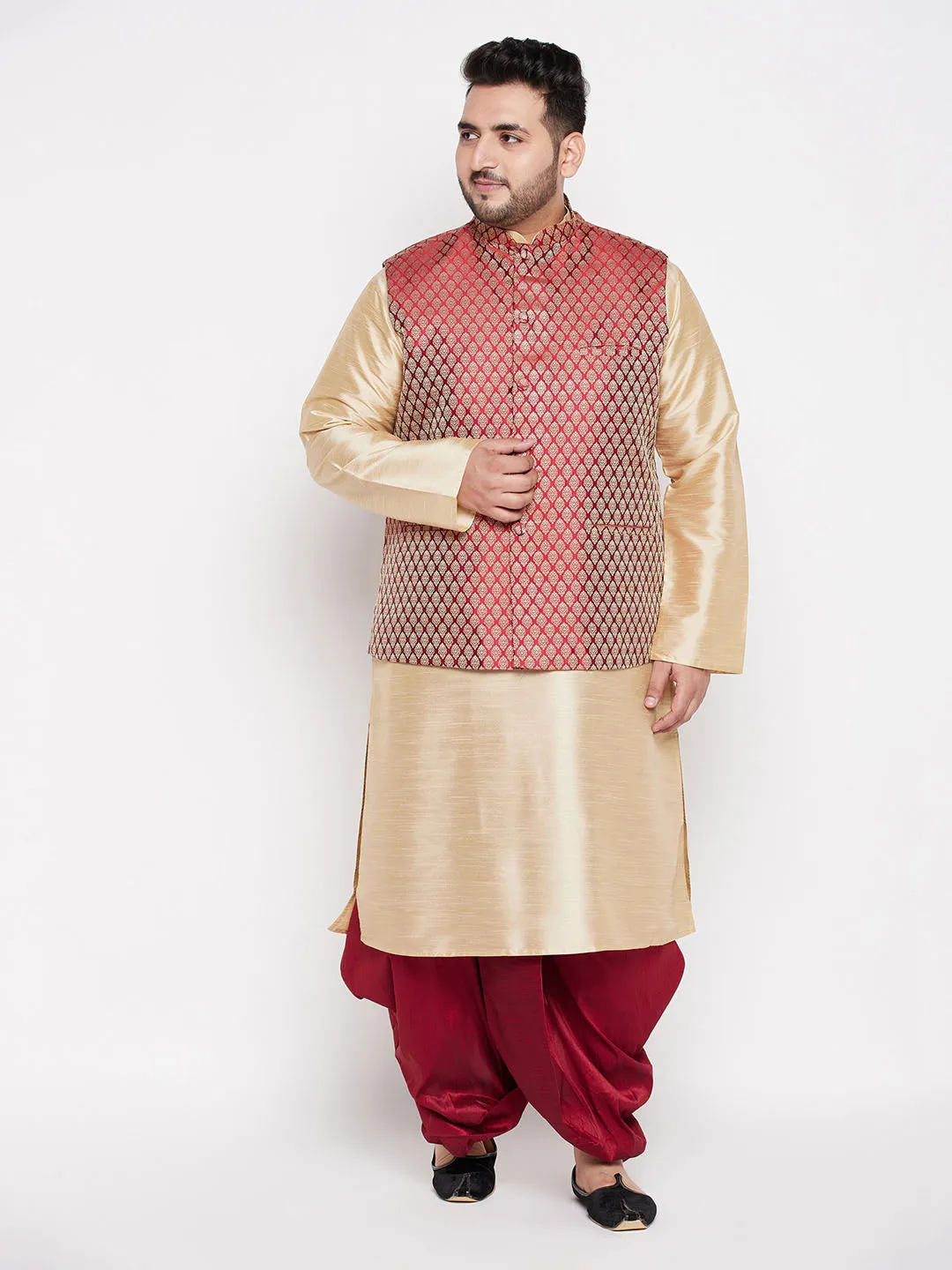VASTRAMAY Maroon Nehru Jacket With Gold Kurta